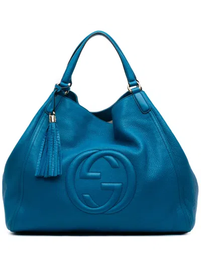 Pre-owned Gucci 2016-2025 Large Leather Soho Cellarius Tote Bag In Blue