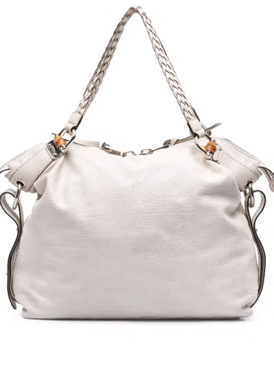 Pre-owned Gucci 2016-2025 Large Pebbled Calfskin Bamboo Bar Tassel Tote Bag In White