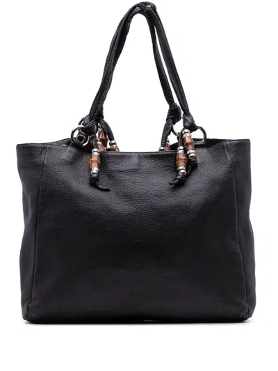Pre-owned Gucci 2016-2025 Large Pebbled Calfskin Bamboo Jungle Convertible Tote Satchel In Black