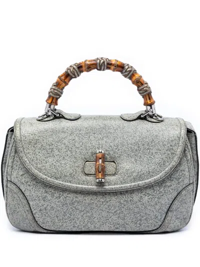 Pre-owned Gucci 2016-2025 Large Speckled Leather New Bamboo Top Handle Bag Satchel In Gray