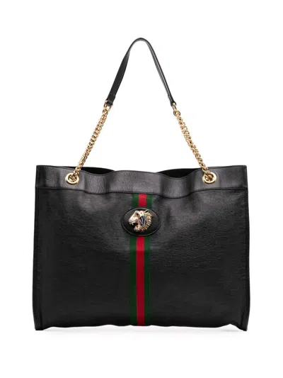 Pre-owned Gucci 2016-2025 Large Web Leather Rajah Tote Bag In Black