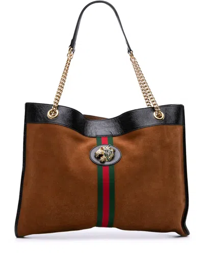 Pre-owned Gucci 2016-2025 Large Web Suede Rajah Tote Bag In Black