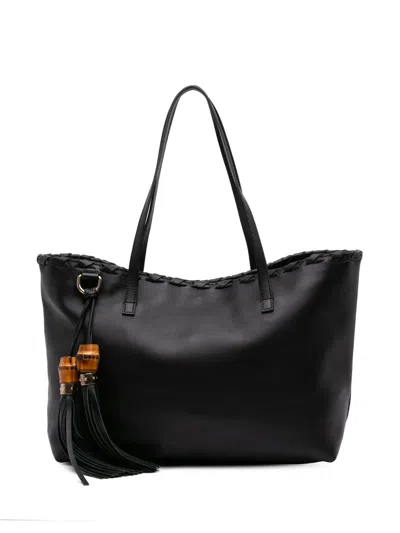Pre-owned Gucci 2016-2025 Leather Bamboo Tassel Tote Bag In Black