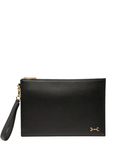 Pre-owned Gucci 2016-2025 Leather Horsebit 1955 Zip Clutch Bag In Black