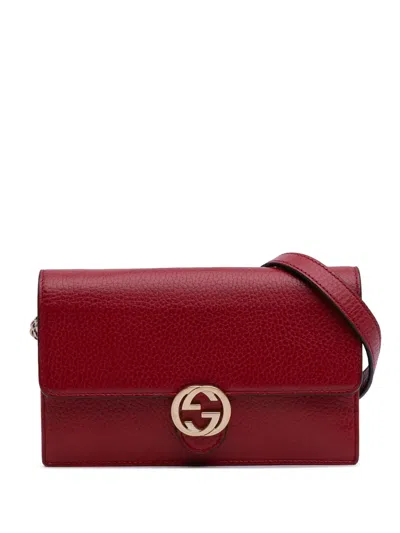 Pre-owned Gucci 2016-2025 Leather Interlocking G Dollar Wallet On Chain Crossbody Bag In Red