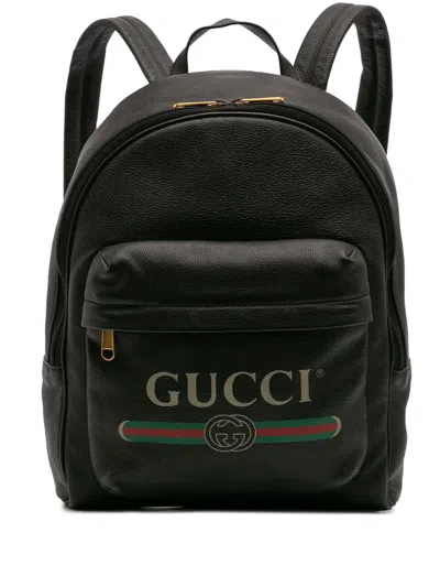 Pre-owned Gucci 2016-2025 Leather Logo Backpack In Black