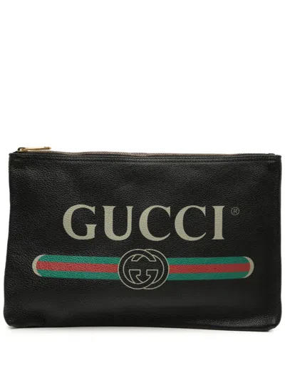 Pre-owned Gucci 2016-2025 Leather Logo Clutch Bag In Black