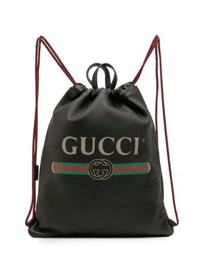 Pre-owned Gucci 2016-2025 Leather Logo Drawstring Backpack In Black