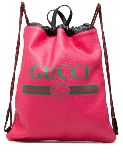 Pre-owned Gucci 2016-2025 Leather Logo Drawstring Backpack In Pink
