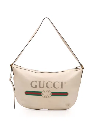 Pre-owned Gucci 2016-2025 Leather Logo Half Moon Crossbody Bag In White