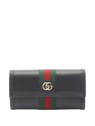Pre-owned Gucci 2016-2025 Leather Ophidia Web Wallet Long Wallets In Black