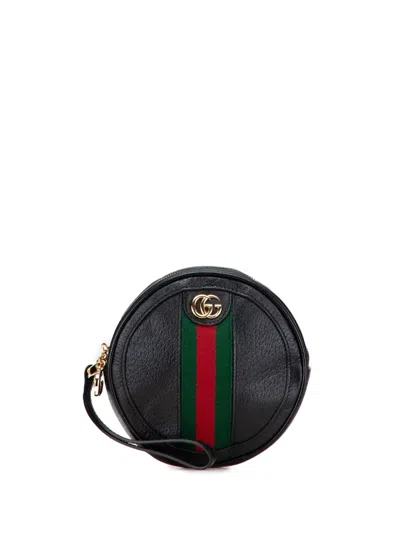 Pre-owned Gucci 2016-2025 Leather Web Ophidia Round Clutch Bag In Black