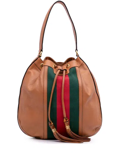 Pre-owned Gucci 2016-2025 Leather Web Rania Drawstring Hobo Bag In Brown