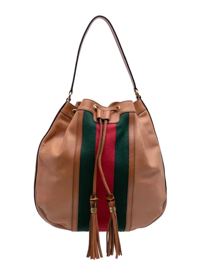 Pre-owned Gucci 2016-2025 Leather Web Rania Drawstring Shoulder Bag In Brown