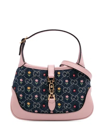 Pre-owned Gucci 2016-2025 Limited Edition Mini Gg Embroidered Denim Floral Jackie 1961 Crossbody Bag In Blue
