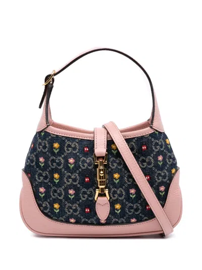 Pre-owned Gucci 2016-2025 Limited Edition Mini Gg Embroidered Denim Floral Jackie 1961 Crossbody Bag In Blue