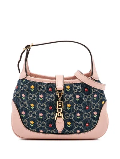 Pre-owned Gucci 2016-2025 Limited Edition Mini Gg Embroidered Denim Floral Jackie 1961 Crossbody Bag In Blue