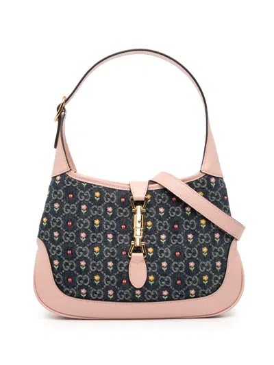 Pre-owned Gucci 2016-2025 Limited Edition Small Gg Denim Embroidered Floral Jackie 1961 Crossbody Bag In Blue