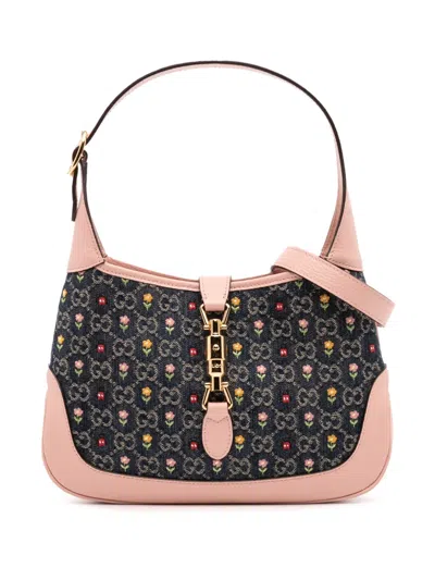 Pre-owned Gucci 2016-2025 Limited Edition Small Gg Embroidered Denim Floral Jackie 1961 Crossbody Bag In Blue