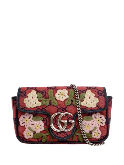 Pre-owned Gucci 2016-2025 Limited Edition Super Mini Gg Marmont Embroidered Matelasse Canvas Flap Crossbody Bag In Red