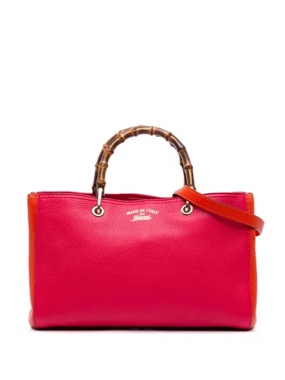 Pre-owned Gucci 2016-2025 Medium Bicolor Calfskin Bamboo Shopper Satchel In Red