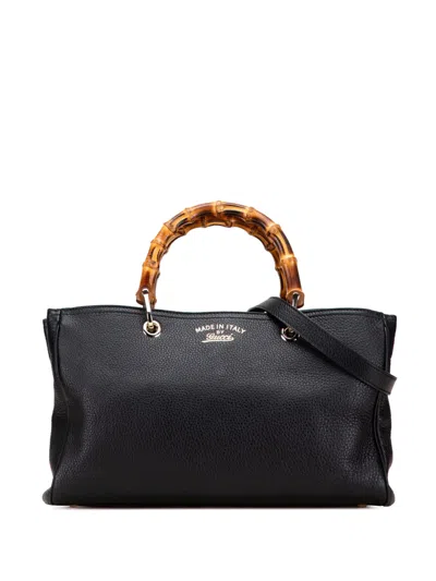 Pre-owned Gucci 2016-2025 Medium Calfskin Bamboo Shopper Satchel In Black