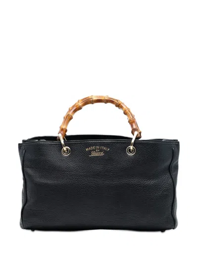 Pre-owned Gucci 2016-2025 Medium Calfskin Bamboo Shopper Satchel In Black