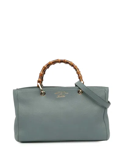 Pre-owned Gucci 2016-2025 Medium Calfskin Bamboo Shopper Satchel In Blue