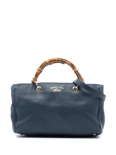 Pre-owned Gucci 2016-2025 Medium Calfskin Bamboo Shopper Satchel In Blue