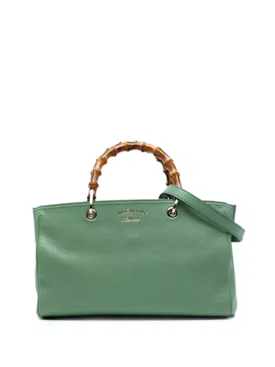Pre-owned Gucci 2016-2025 Medium Calfskin Bamboo Shopper Satchel In Green