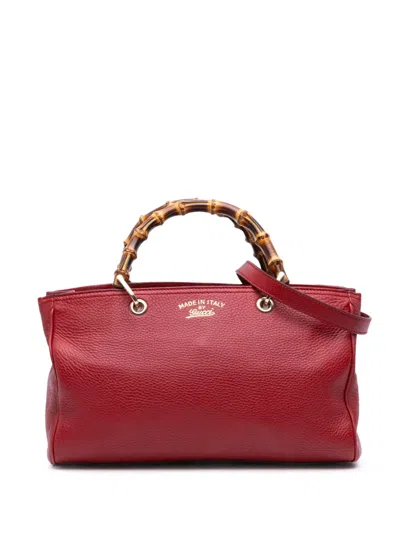 Pre-owned Gucci 2016-2025 Medium Calfskin Bamboo Shopper Satchel In Red