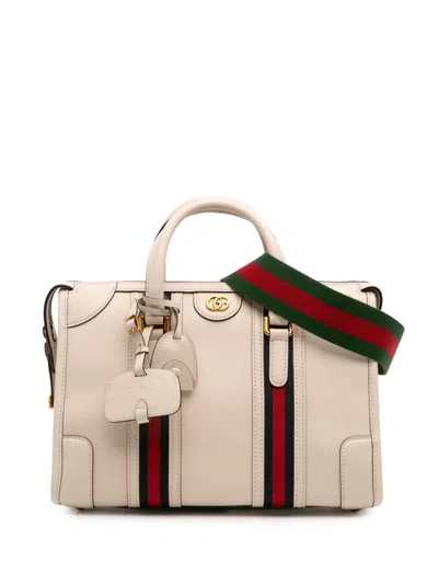 Pre-owned Gucci 2016-2025 Medium Calfskin Web Bauletto Top Handle Bag Satchel In White
