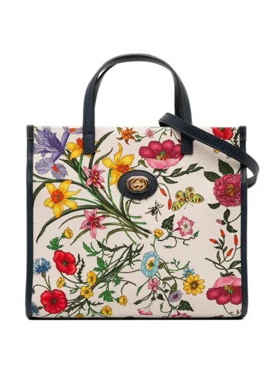 Pre-owned Gucci 2016-2025 Medium Canvas Flora Satchel In Blue