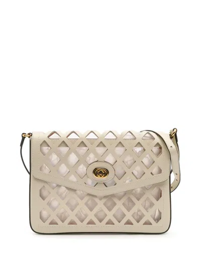 Pre-owned Gucci 2016-2025 Medium Cutout Leather And Flora Canvas Traforata Flap Crossbody Bag In White