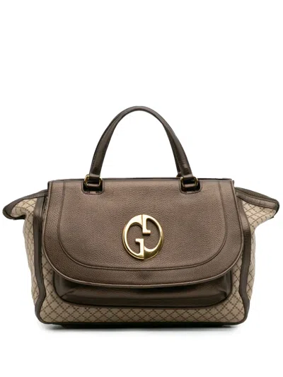 Pre-owned Gucci 2016-2025 Medium Diamante Canvas 1973 Handbag In Brown