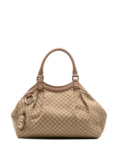Pre-owned Gucci 2016-2025 Medium Diamante Canvas Sukey Tote Bag In Brown