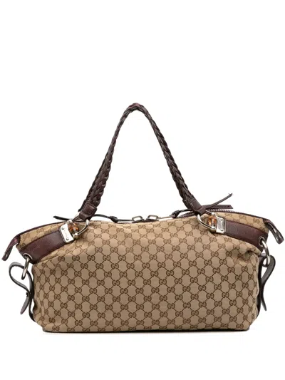 Pre-owned Gucci 2016-2025 Medium Gg Canvas Bamboo Bar Tote Bag In Brown