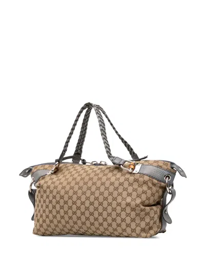 Pre-owned Gucci 2016-2025 Medium Gg Canvas Bamboo Bar Tote Bag In Brown