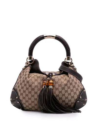 Pre-owned Gucci 2016-2025 Medium Gg Canvas Bamboo Indy Hobo Satchel In Brown