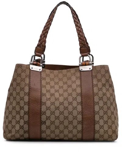 Pre-owned Gucci 2016-2025 Medium Gg Canvas Bamboo Libeccio Tote Bag