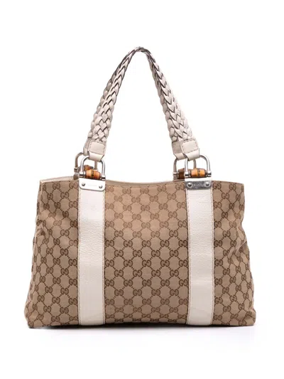 Pre-owned Gucci 2016-2025 Medium Gg Canvas Bamboo Libeccio Tote Bag In Brown