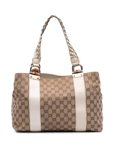 Pre-owned Gucci 2016-2025 Medium Gg Canvas Bamboo Libeccio Tote Bag In Brown