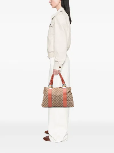 Pre-owned Gucci 2016-2025 Medium Gg Canvas Bamboo Libeccio Tote Bag In Brown