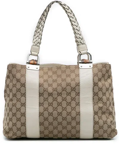 Pre-owned Gucci 2016-2025 Medium Gg Canvas Bamboo Libeccio Tote Bag In Brown