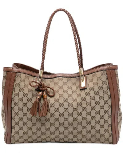 Pre-owned Gucci 2016-2025 Medium Gg Canvas Bella Tote Bag In Brown