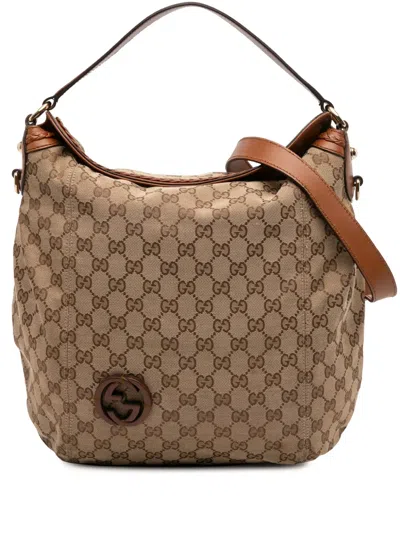 Pre-owned Gucci 2016-2025 Medium Gg Canvas Brick Lane Convertible Hobo Satchel In Brown