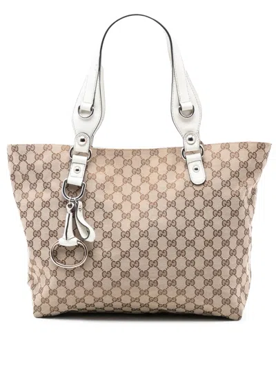 Pre-owned Gucci 2016-2025 Medium Gg Canvas Icon Bit Tote Bag In Brown