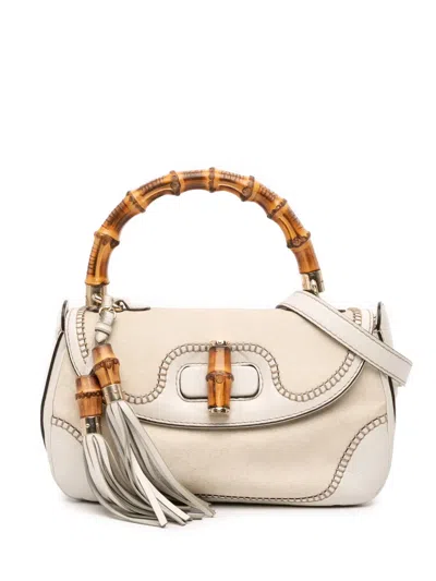 Pre-owned Gucci 2016-2025 Medium Gg Canvas New Bamboo Satchel In White