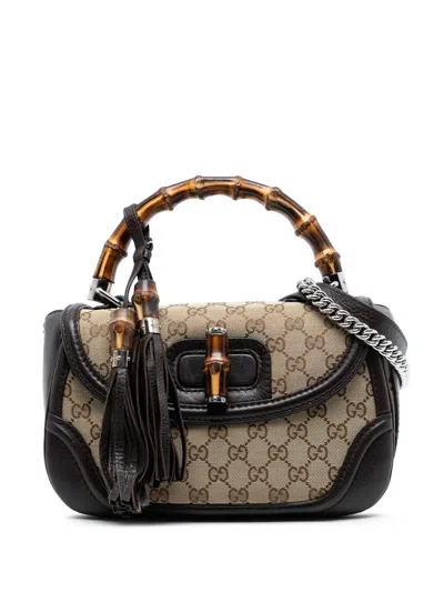 Pre-owned Gucci 2016-2025 Medium Gg Canvas New Bamboo Top Handle Bag Satchel In Brown