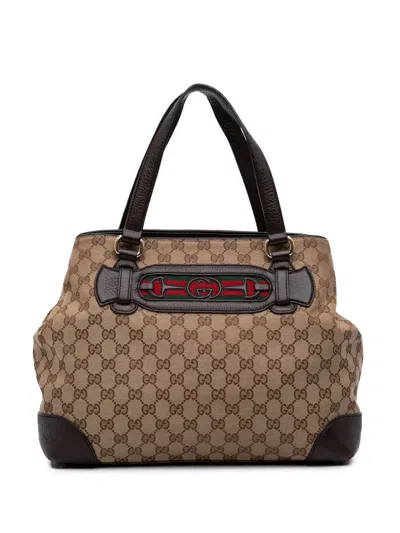 Pre-owned Gucci 2016-2025 Medium Gg Canvas Web Dressage Tote Bag In Brown